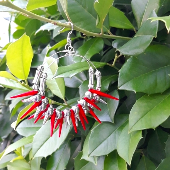 Spiked Statement Earrings/ Silver/ Red/ Hoop Earrings/ Stylish/ Handcrafted - Picture 9 of 9